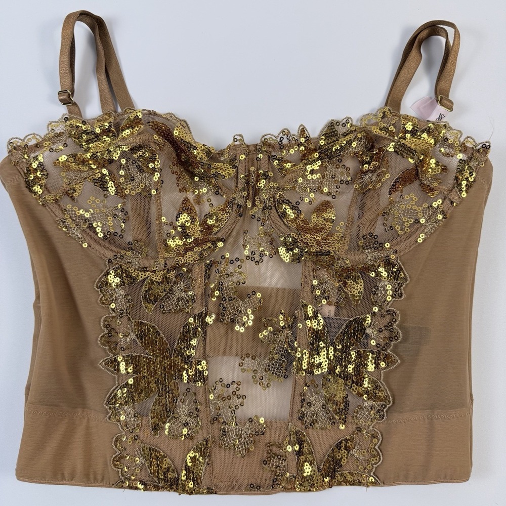 Victoria's Secret Very Sexy Ziggy Glam Gold Sequin Embroidered Corset Top 32C